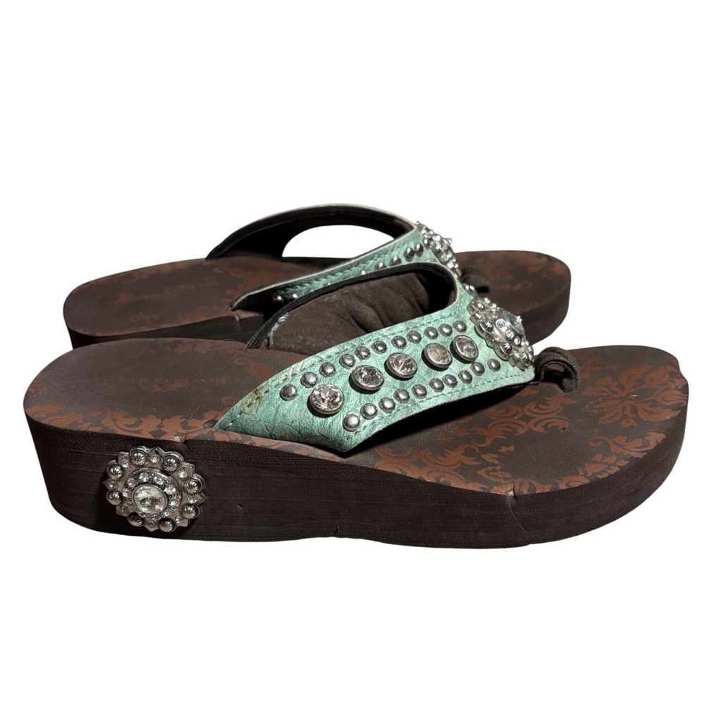 Montana West Womens 8 Wedge Flip Flops Brown Seafoam Rhinestone Concho Y2K Rodeo